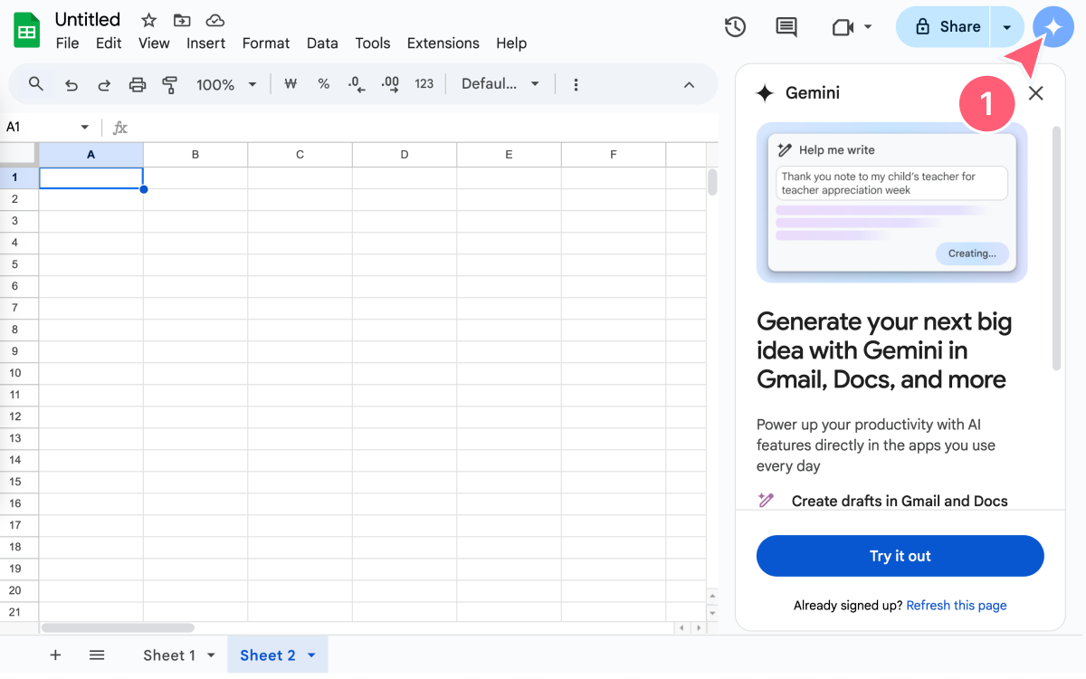 wideSize Google Sheet 우측 상단 Gemini 로고 버튼을 누르면 Gemini 채팅창을 활성화할 수 있습니다.