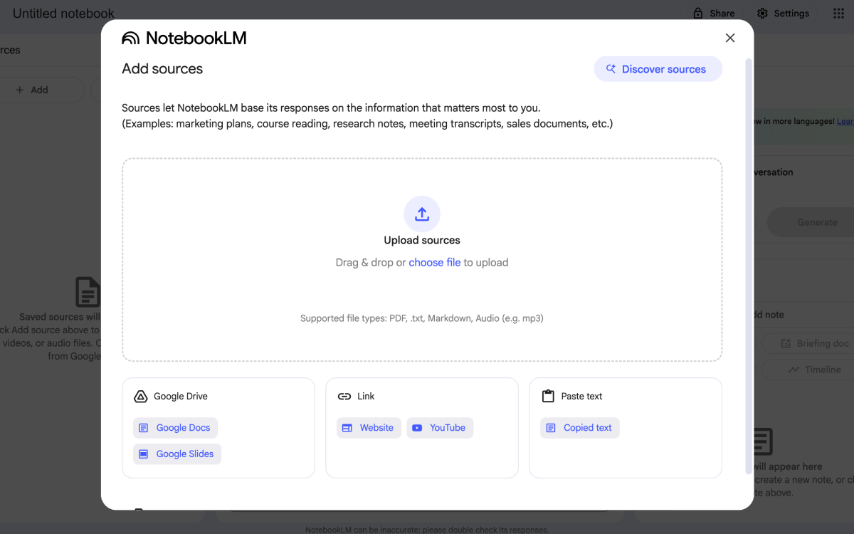 wideSize Notebook LM을 켜면 가장 먼저 보이는 Source 업로드창